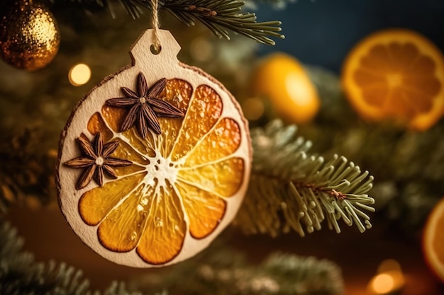 Na árvore de Natal, uma decoração natural composta por fatias de laranja secas Decorações caseiras de comida para o Natal Questões ambientais reciclagem reutilização e a ideia de lixo zero atenção seletiva