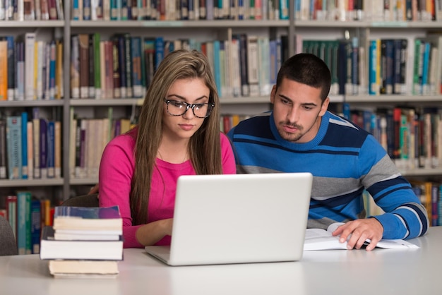 Na biblioteca Bonito dois estudantes universitários com laptop e livros trabalhando em uma biblioteca da universidade do ensino médio Profundidade de campo rasa