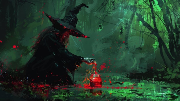 Na borda de um pântano escuro, uma bruxa solitária cacareja enquanto derrama um líquido vermelho brilhante em um frasco.