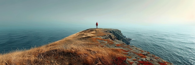 Na borda do mundo, uma figura solitária está testemunhando o encontro do céu e do mar.