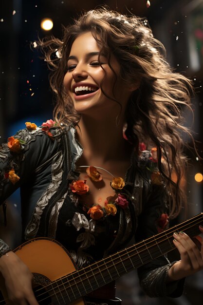 Na celebração do Cinco de Mayo, uma linda menina mexicana toca a guitarra com habilidade e entusiasmo
