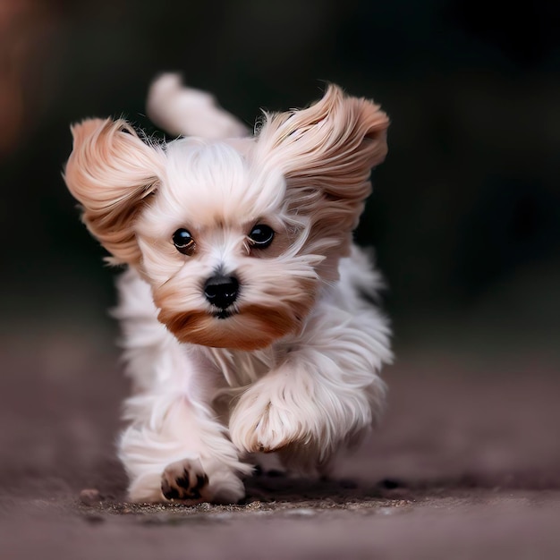 Na corrida, o cãozinho Maltipu está posando.