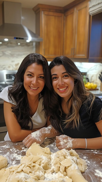 Na cozinha, mãe e filha trabalham juntas para preparar a massa para suas receitas familiares favoritas