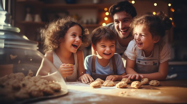 Foto na cozinha uma família feliz com crianças divertidas faz biscoitos generative ai