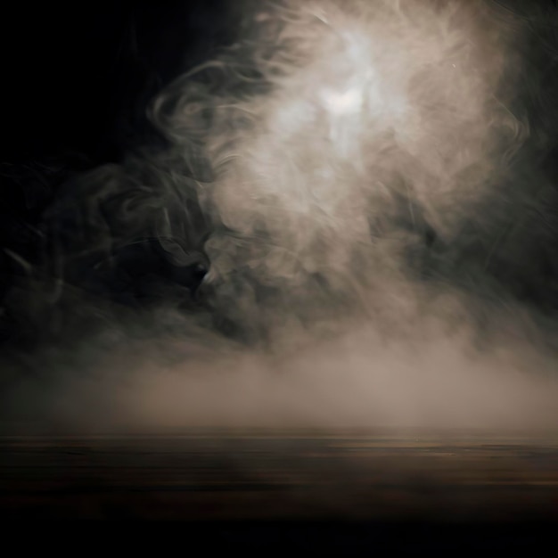 Na escuridão, fumaça e névoa numa mesa de madeira.