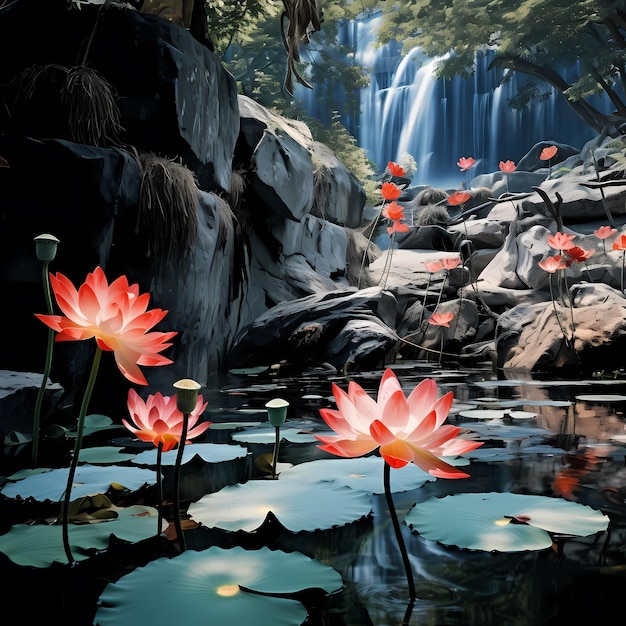 Na Floresta de Pedra de Yunnan, no verão, as flores de lótus na lagoa destacam o contraste de cores na fotografia.