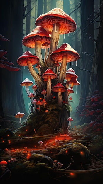 Na floresta, há um tronco com cogumelos crescendo nele. A floresta está cheia de luzes vívidas, e o boné vermelho do cogumelo é como o bastão mágico de um feiticeiro de filme. A torre está cheio de magia, um