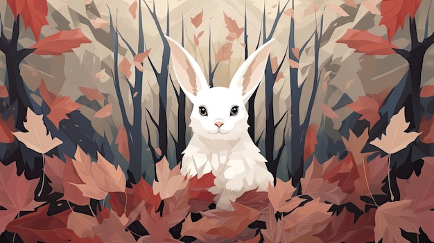 Na floresta, um coelho branco senta-se no meio das folhas.