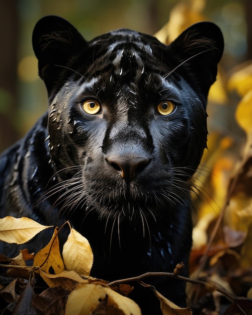 Na floresta, um leopardo negro com olhos amarelos posa observando a câmera Generative AI