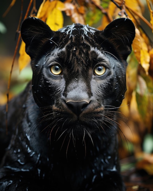 Na floresta, um leopardo preto com olhos amarelos posa observando a câmera.