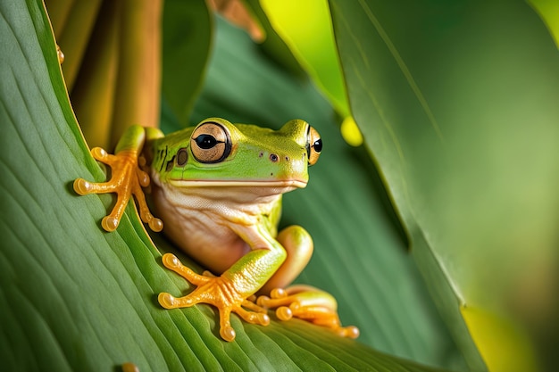 Na folhagem verde, uma perereca de ponta branca Litoria infrafrenata