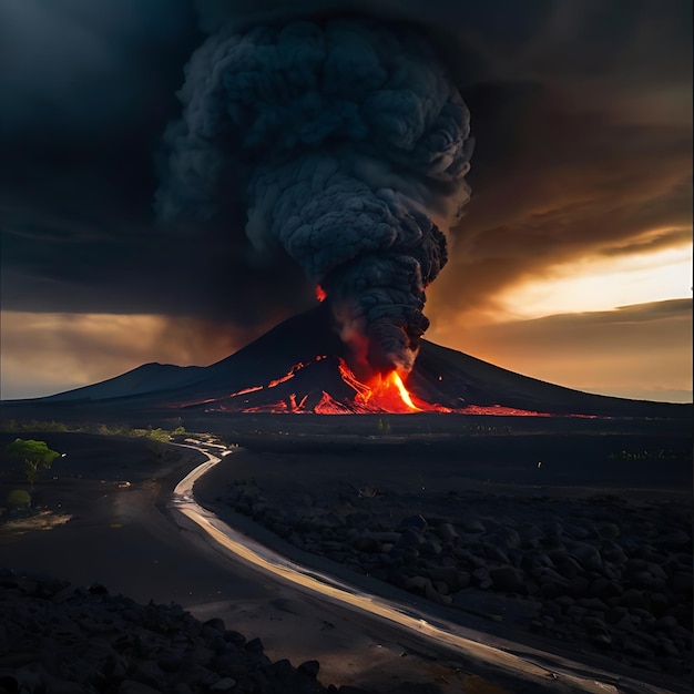 Na imagem de uma enorme erupção vulcânica, nuvens onduladas criadas pela IA