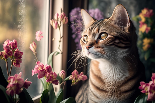 Na janela há um lindo retrato de gato rodeado de orquídeas