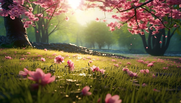 Na luz da manhã, a grama verde está coberta de pétalas de cereja rosa.