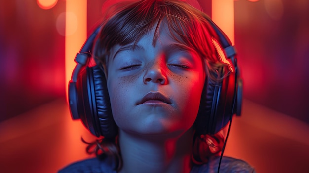 Na luz do néon, um menino com fones de ouvido escuta música em um estúdio.