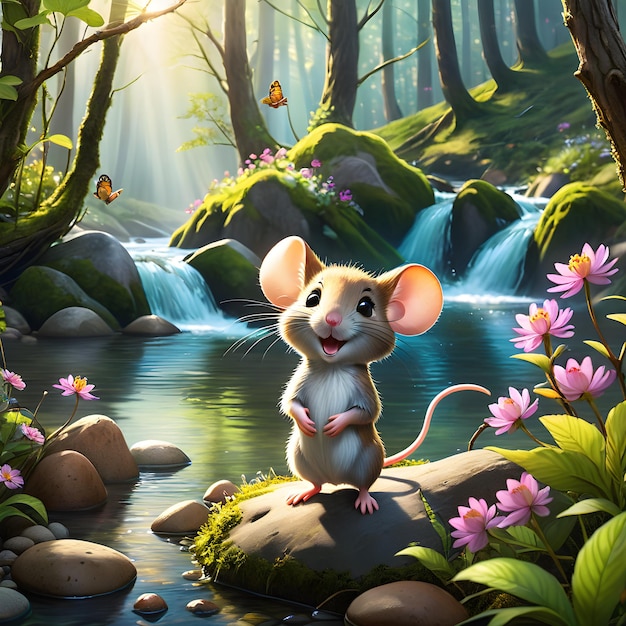 Na mágica Floresta Encantada, o Rato Amigável pode ser visto explorando a cena vibrante e colorida.