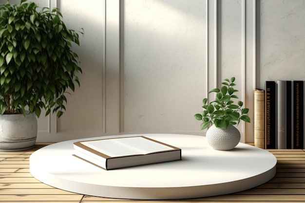 Na mesa redonda de madeira há uma plataforma de exibição de cerâmica com tecido de livros e uma planta uma representação de um anúncio de produto realista ilustração muito breve