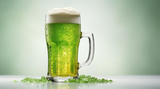 Na mesa, um copo de cerveja decorado com folhas verdes.