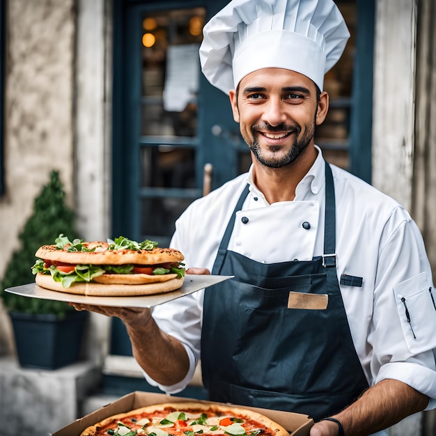 Na movimentada cozinha, um homem orgulhosamente veste seu clássico chapéu de chef e seu avental branco com seu r