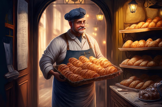Na padaria, um padeiro de uniforme está segurando croissants preparados na hora