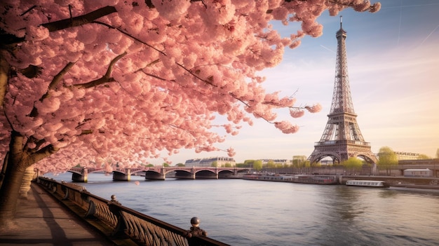 Foto na primavera, a torre eiffel de paris adorna o sena com uma árvore em flor