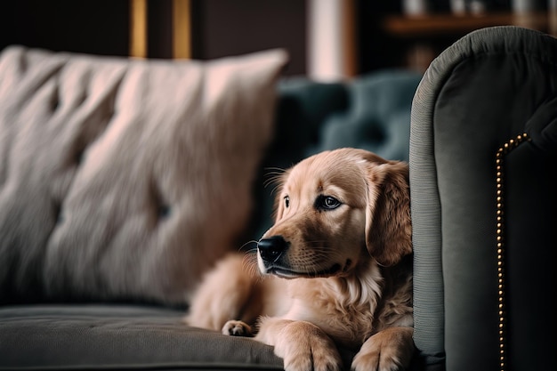 Na sala de estar, um lindo filhote de Golden Retriever