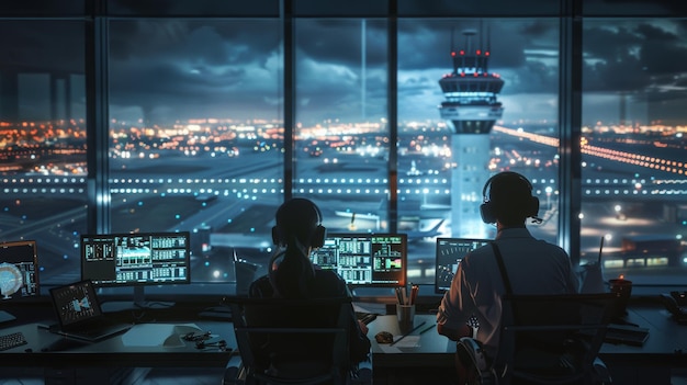 Foto na sala de radar de voo do avião, controladores de tráfego aéreo masculinos e femininos com fones de ouvido falam na torre à noite. display de computador de mesa com telas de navegação estão na sala, bem como dados