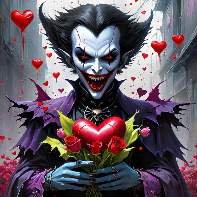 Na sala mal iluminada, uma figura assustadora surgiu vestida com tecido rasgado e segurando cartões Valentine.