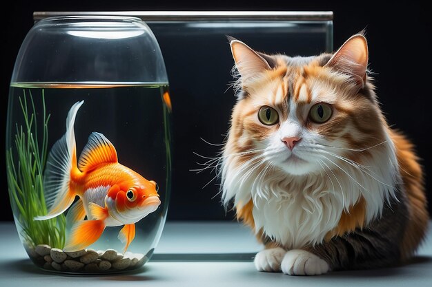 Na sala no peitoril da janela, um gato tricolor está observando um peixe-dourado em um aquário.