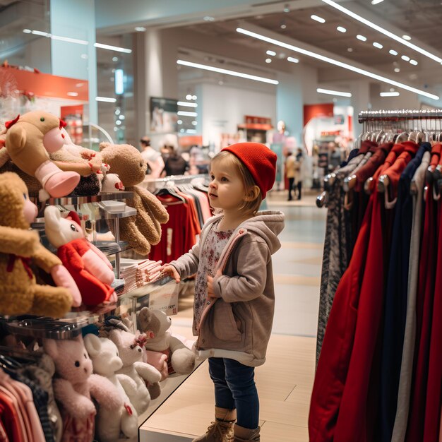 Na secção de roupas infantis de um grande centro comercial.