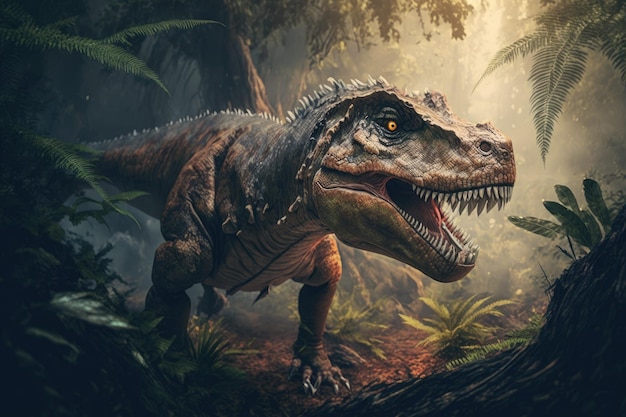 Na selva jurássica, um tiranossauro espreita sua presa Dinossauro Período A caçando T rex
