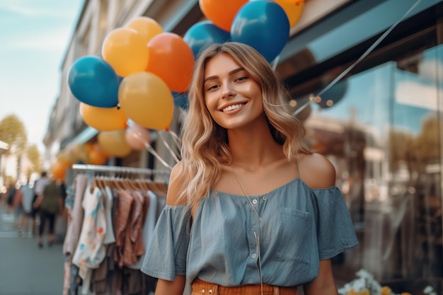 Na vibrante temporada de verão, uma jovem com uma expressão sonhadora veste uma camisa estilosa enquanto explora uma loja de novidades Generative AI