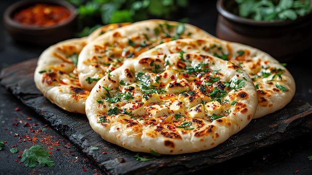 Naan sabroso con queso paneer derretido en la parte superior