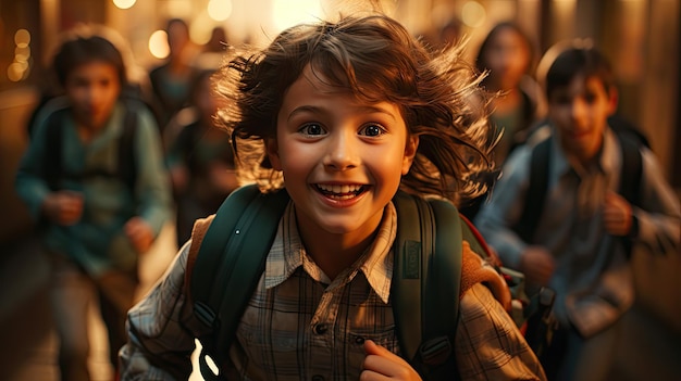 Nach dem Unterricht in der Schule laufen die Kinder fröhlich im Regen nach Hause