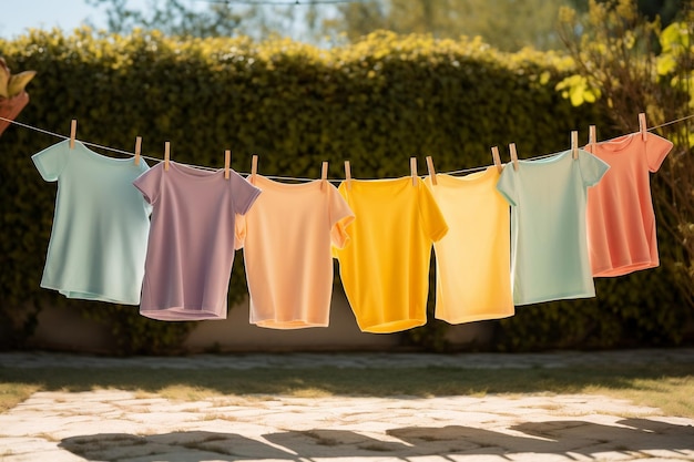 Nach dem Waschen der farbenfrohen Kinderkleidung trocknet Generative Ai