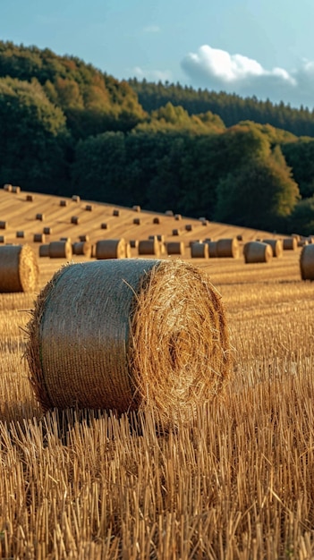 Nach der Ernte landschaftliche Schönheit mit Heuballen in goldenen Feldern, vertikales Handy-Hintergrundbild