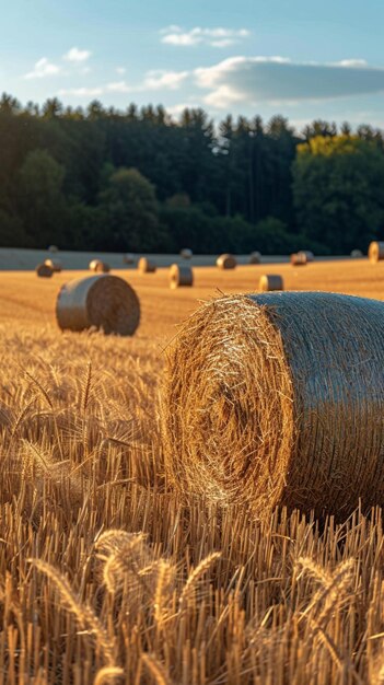 Nach der Ernte landschaftliche Schönheit mit Heuballen in goldenen Feldern, vertikales Handy-Hintergrundbild