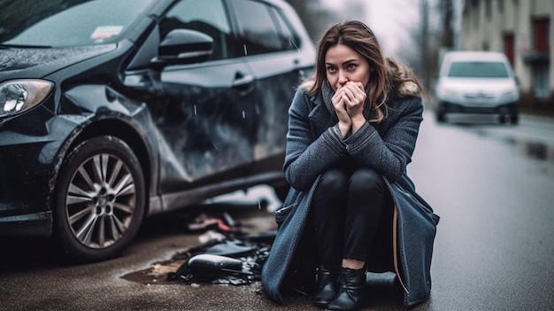 Foto nach einem autounfall ruft eine niedergeschlagene autofahrerin über ein münztelefon am straßenrand den rettungsdienst anxa