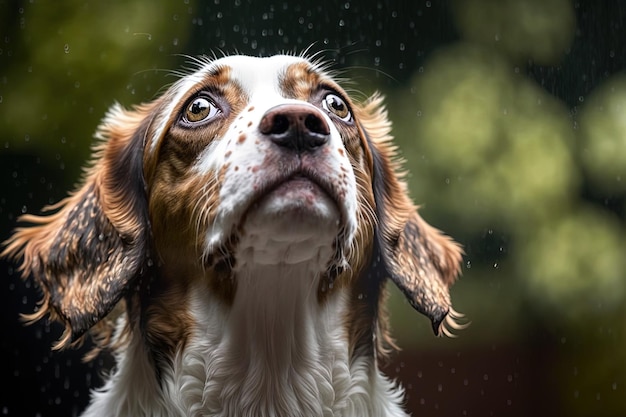 Nach einem Platzregen ist ein Hund zu sehen, der senkrecht steht und nach oben starrt