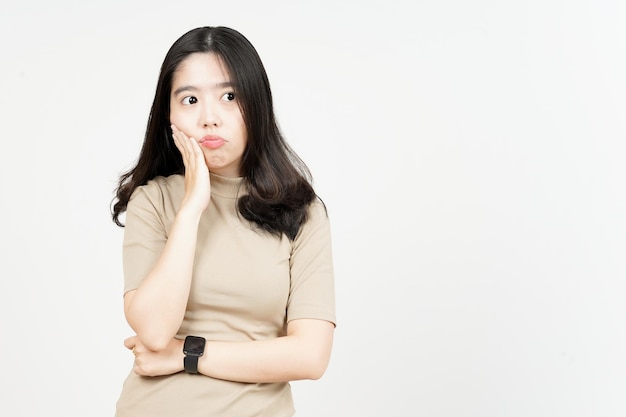 Nachdenken über etwas Schöne asiatische Frau, Isolated On White Background