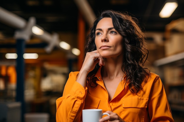 Nachdenkliche Architektin mit Kaffee auf flachem orangefarbenem Hintergrund