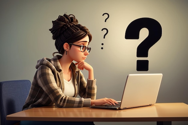 Nachdenkliche Frau mit Laptop blickt auf großes Fragezeichen