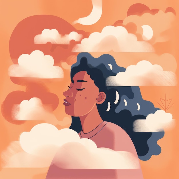 Nachdenkliche gemischtrassige Frau über Wolken, die mit generativer KI-Technologie erstellt wurden
