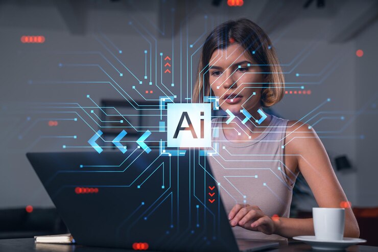 Nachdenkliche Geschäftsfrau in Freizeitkleidung, die auf einem Laptop am Büroarbeitsplatz mit einer Kaffeetasse tippt Konzept der entfernten Arbeit Geschäftsbildung Internet-Surfen Informationstechnologie Ai-Hologramm