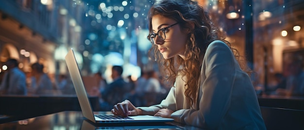 Nachdenkliche junge europäische Geschäftsfrau Silhouette mit Laptop auf abstrakten, verschwommenen Stadthintergrund, während sie am Schreibtisch sitzt Zukunftskonzept CEO Arbeitsplatz und Erfolg doppelte Exposition