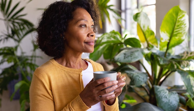 Nachdenkliche reife Frau mit Kaffee inmitten von Zimmerpflanzen zu Hause