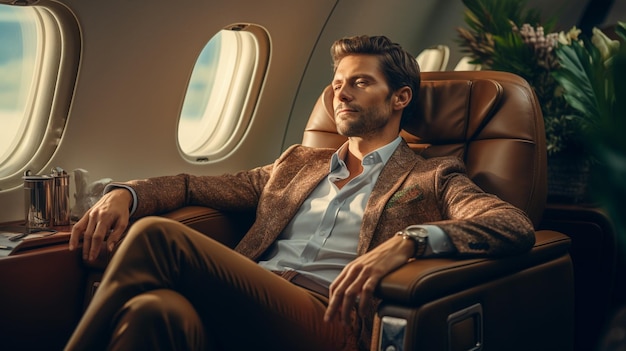 Nachdenklicher Geschäftsmann im Anzug im Privatflugzeug. Hochwertiges Foto