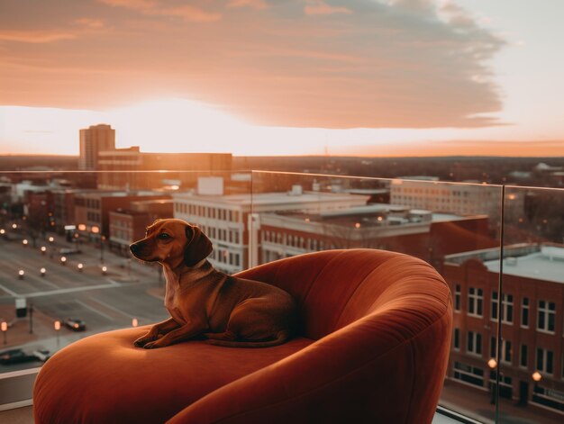 Nachdenklicher Hund ruht auf einer weichen Couch mit Blick auf die Stadt