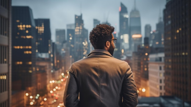 Nachdenklicher Mann blickt auf die Skyline der Stadt