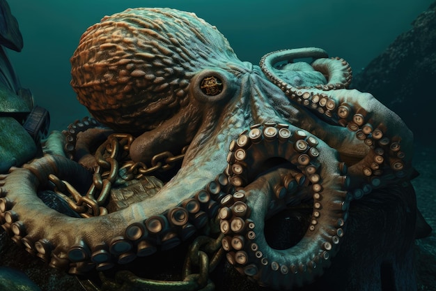 Nachdenklicher Oktopuskrake mit seinen Tentakeln, die sich um einen versunkenen Schatz wickeln, der mit generativer KI geschaffen wurde